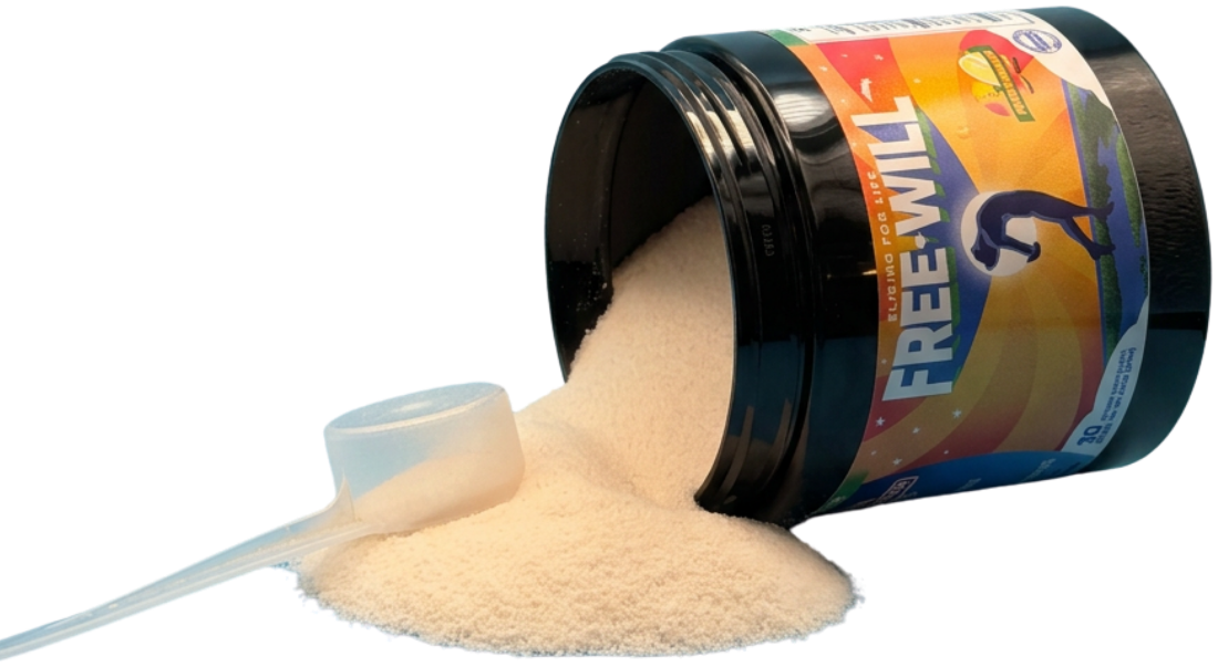 Open Free Will tub spilling powder with scoop